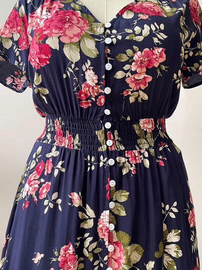 Hazel Blues® | Floral Print Short Sleeves V-Neck Dress