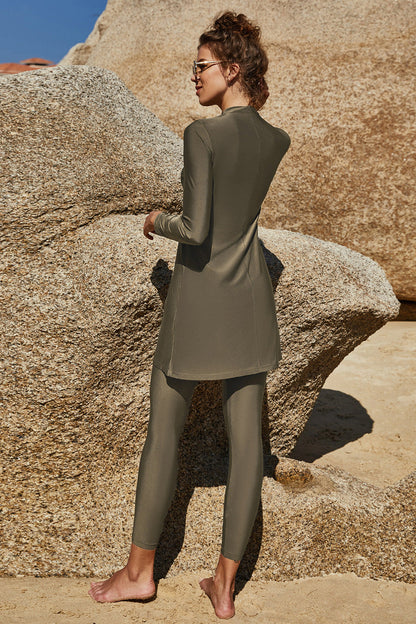 Hazel Blues® |  Slit Mock Neck Long Sleeve Top and Pants Swim Set