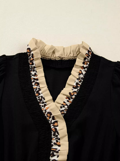 Hazel Blues® |  Contrast Leopard Frilled Trim V Neck Bracelet Sleeve Midi Dress