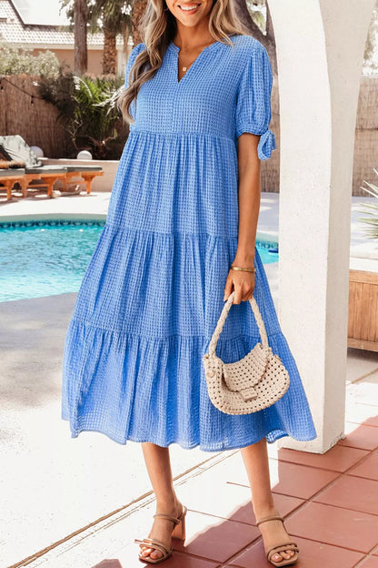 Hazel Blues® |  Notched Short Sleeve Tiered Midi Dress