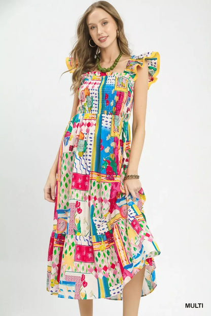 Hazel Blues® |  Umgee Abstract Print Smocked Ruffle Sleeve Tiered Midi Dress
