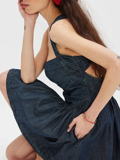 Hazel Blues® |  Smocked Crisscross Back Denim Mini Dress