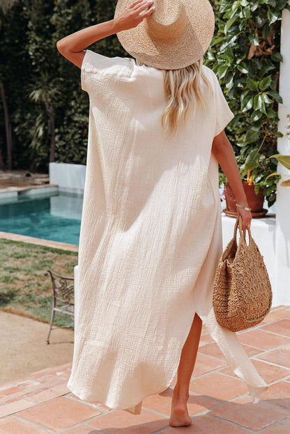 Hazel Blues® |  Apricot Crinkled Buttons Maxi Beach Dress with Slits