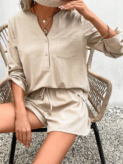 Hazel Blues® |  Notched Long Sleeve Top and Shorts Set