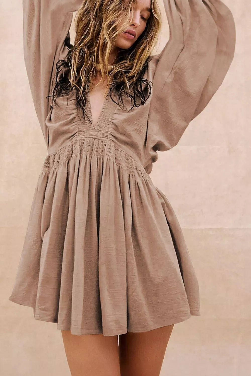 Hazel Blues® |  Smocked V-Neck Balloon Sleeve Dress