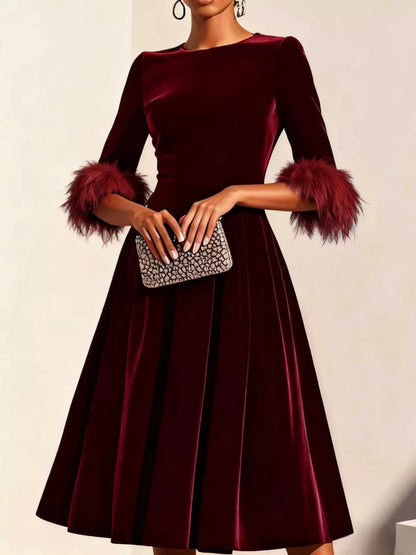 Hazel Blues® |  Velvet Midi Dress with Feather Cuffs