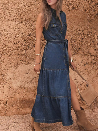 Hazel Blues® |  Button Front Sleeveless Denim Dress