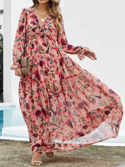 Hazel Blues® |  PREORDER Frill Printed V-Neck Flounce Sleeve Dress
