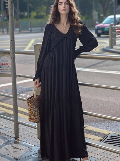 Hazel Blues® |  V-Neck Long Sleeve Tiered Maxi Dress