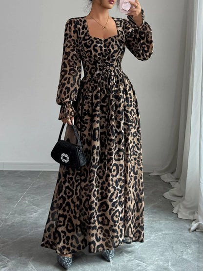 Hazel Blues® |  Leopard Sweetheart Neck Flounce Sleeve Maxi Dress