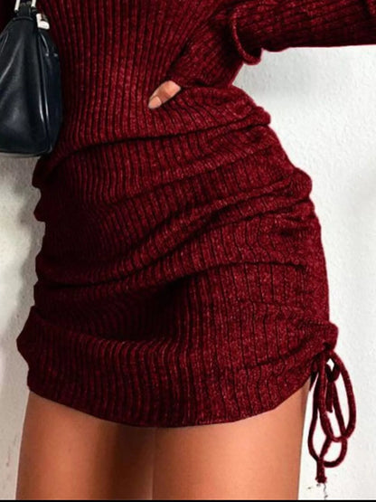 Hazel Blues® | Ribbed Knit Drawstring Bodycon Sweater Dress