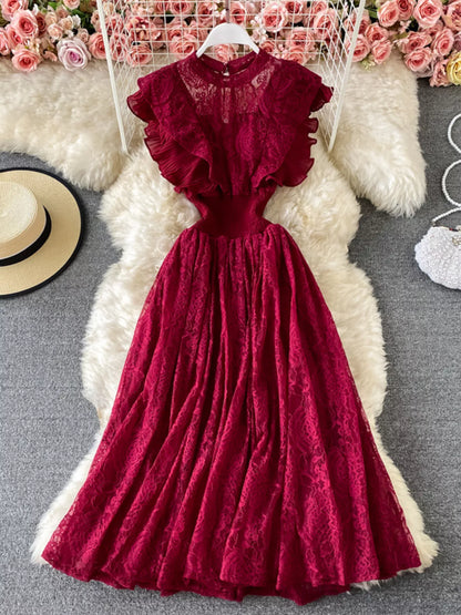 Hazel Blues® |  Ruffled Mock Neck Lace Maxi Dress