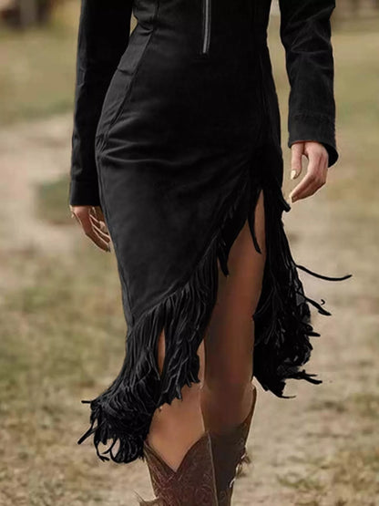 Hazel Blues® | Fringe Hem Zip Front Bodycon Dress