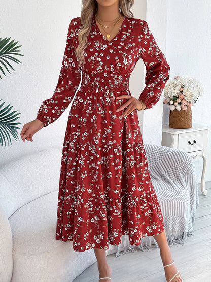 Hazel Blues® |  Floral Print Long Sleeve V-Neck Midi Dress