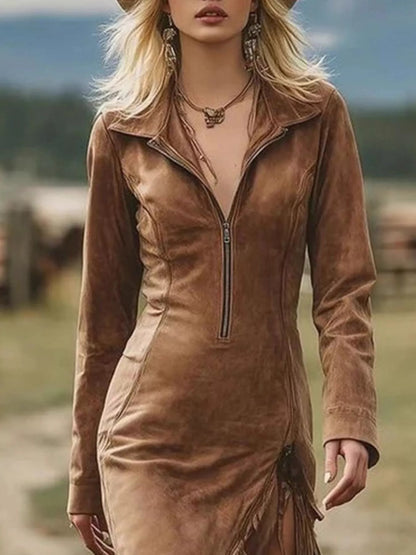 Hazel Blues® | Fringe Hem Zip Front Bodycon Dress