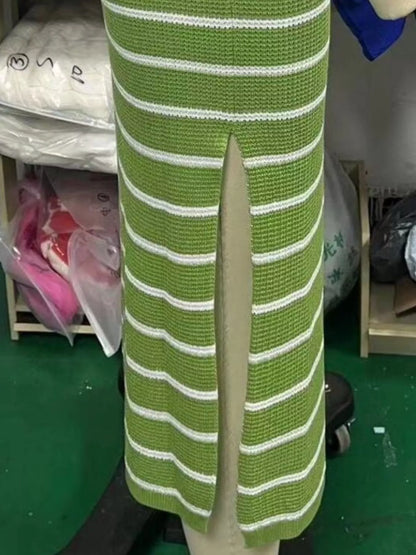 Hazel Blues® |  Striped Knit Slit Short Sleeve Midi Dress