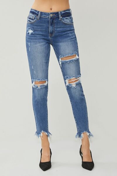 Hazel Blues® |  RISEN Distressed Frayed Hem Slim Jeans