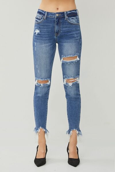 Hazel Blues® |  RISEN Distressed Frayed Hem Slim Jeans