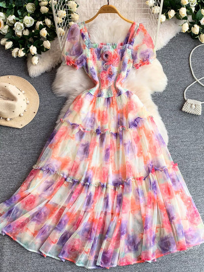 Hazel Blues® |  Smocked Floral Tiered Mesh Midi Dress
