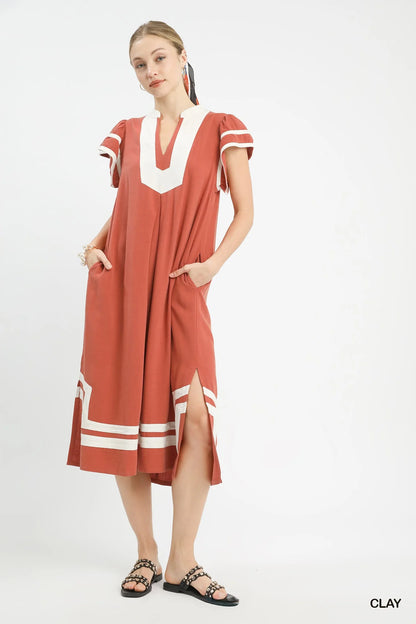 Hazel Blues® |  Umgee Linen Cotton Contrast Neckline Midi Dress