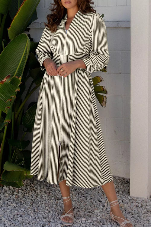 Hazel Blues® |  Stripe V Neck Zip Front Cinched High Waist Midi Dress