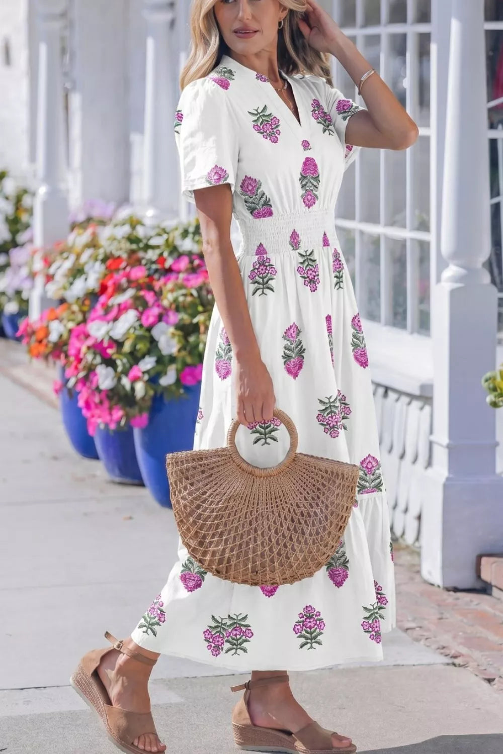Hazel Blues® |  Floral Print Split Neck Shirred High Waist Ruffle Hem Midi Dress