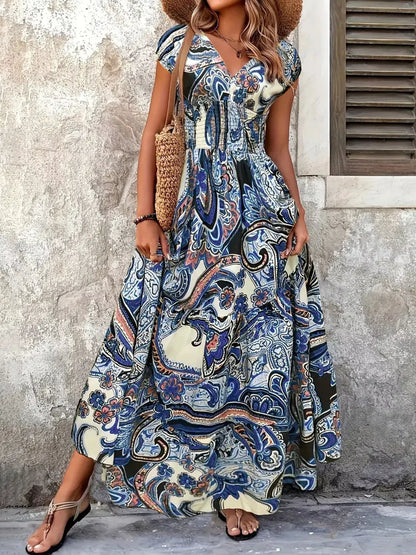 Hazel Blues® | Floral V-Neck Cap Sleeve Maxi Dress