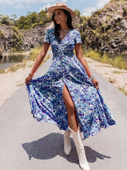 Hazel Blues® |  Floral Print V-Neck Slit Midi Dress