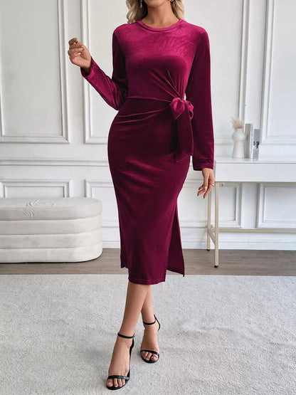 Hazel Blues® |  Velvet Slit Round Neck Long Sleeve Dress with Side Tie Detail