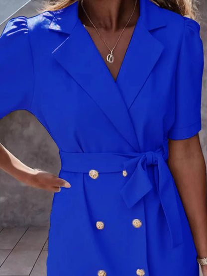 Hazel Blues® |  Lapel Collar Short Sleeve Tie Waist Mini Dress