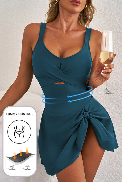 Hazel Blues® |  Sea Green Adjustable Straps Cutout Ruched Knot Slit One Piece Swim Dress