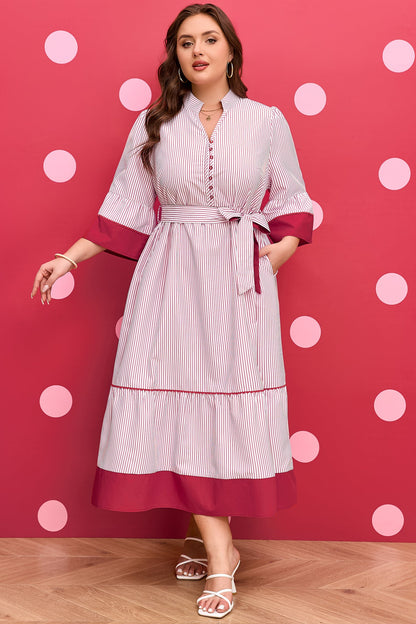 Hazel Blues® | Red Stripe Ruffled Hem Pinstriped Midi Dress