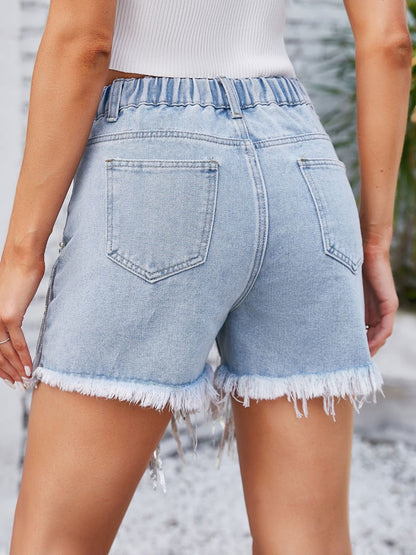 Hazel Blues® |  Distressed Pearl Trim Denim Shorts with Pockets