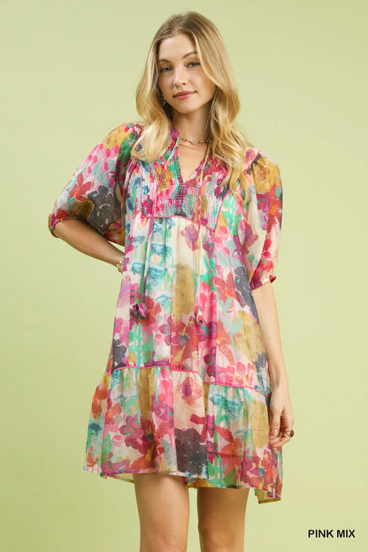 Hazel Blues® |  Umgee Mix Watercolor Floral Babydoll Dress