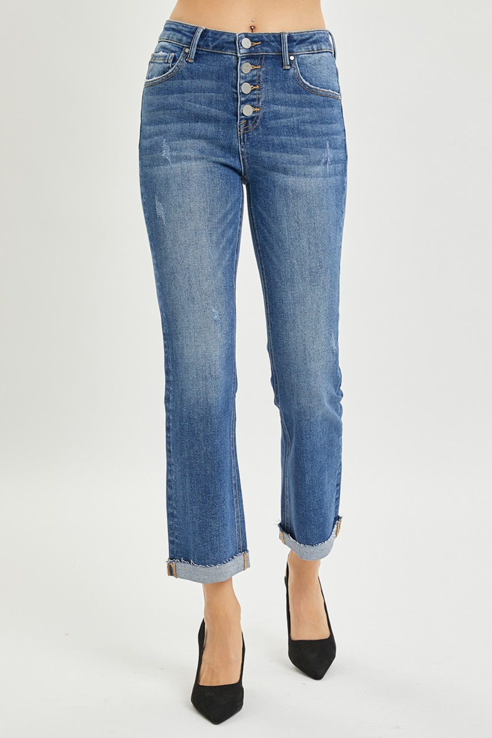 Hazel Blues® |  RISEN Button Fly Cropped Bootcut Jeans