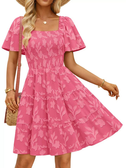 Hazel Blues® |  Smocked Square Neck Tiered Mini Dress