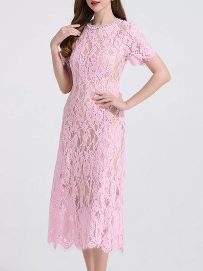 Hazel Blues® |  Lace Pearl Neckline Midi Dress