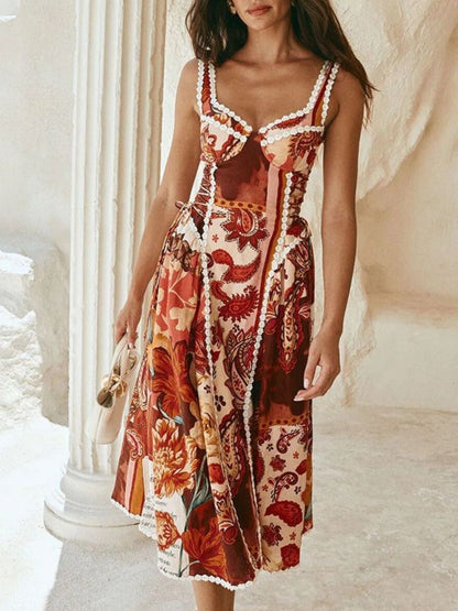 Hazel Blues® |  Vintage Paisley Print Lace Trim Midi Dress