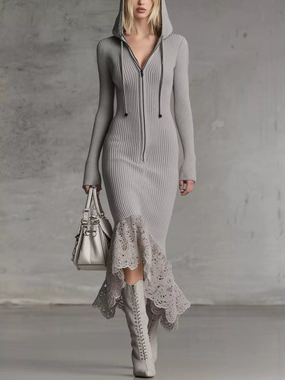 Hazel Blues® |  Hooded Ribbed Knit Lace Hem Midi Dress
