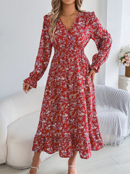 Hazel Blues® |  Ruffled Floral V-Neck Flounce Sleeve Dress