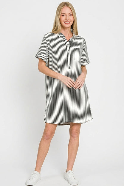 Hazel Blues® |  Zenana Stripe Collared Half Button Up T-Shirts Dress