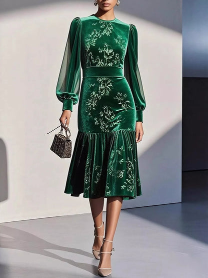Hazel Blues® |  Velvet Floral Lantern Sleeve Midi Dress