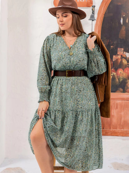 Hazel Blues® | Printed V-Neck Long Sleeve Midi Dress