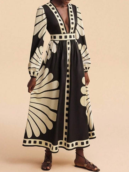 Hazel Blues® |  Printed Deep V-Neck Long Sleeve Dress