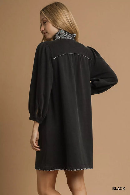 Hazel Blues® |  Umgee French Terry Balloon Sleeve Shift Dress with Leopard Print Detail
