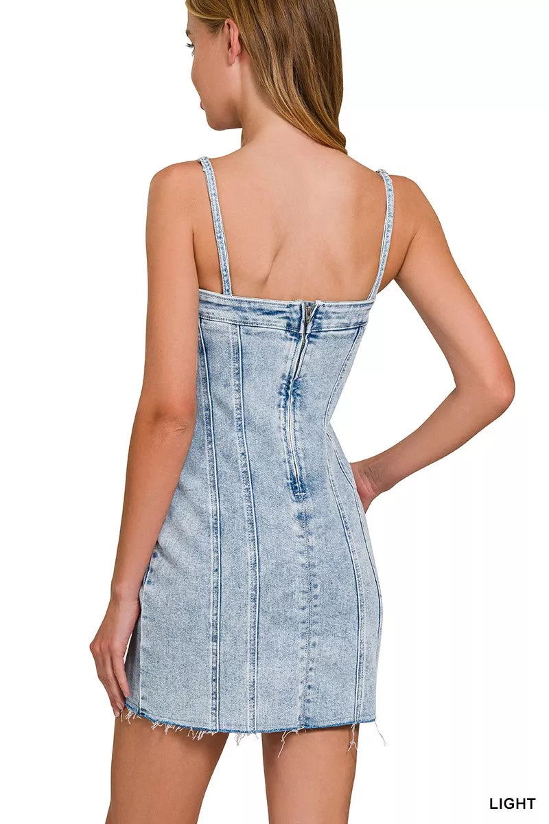 Hazel Blues® |  Zenana Spaghetti Strap Exposed Seam Light-Wash Dress