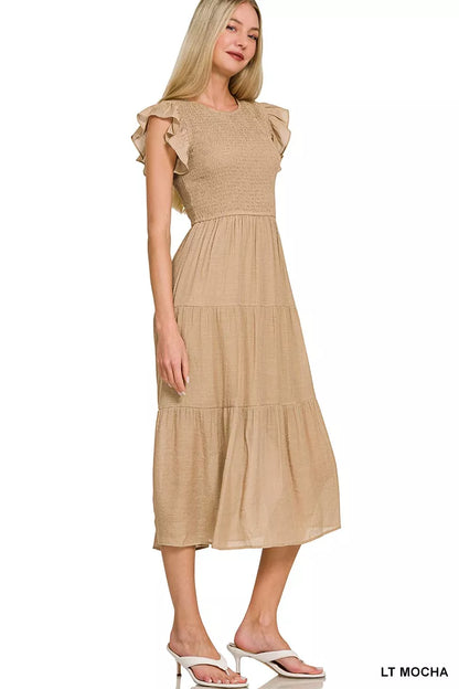 Hazel Blues® |  Zenana Woven Smocked Ruffle Sleeve Midi Dress