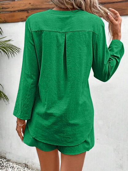 Hazel Blues® |  Notched Long Sleeve Top and Shorts Set