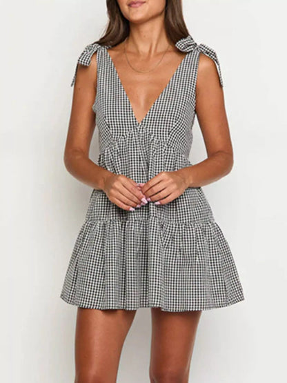 Hazel Blues® |  Gingham Tie-Shoulder Mini Dress