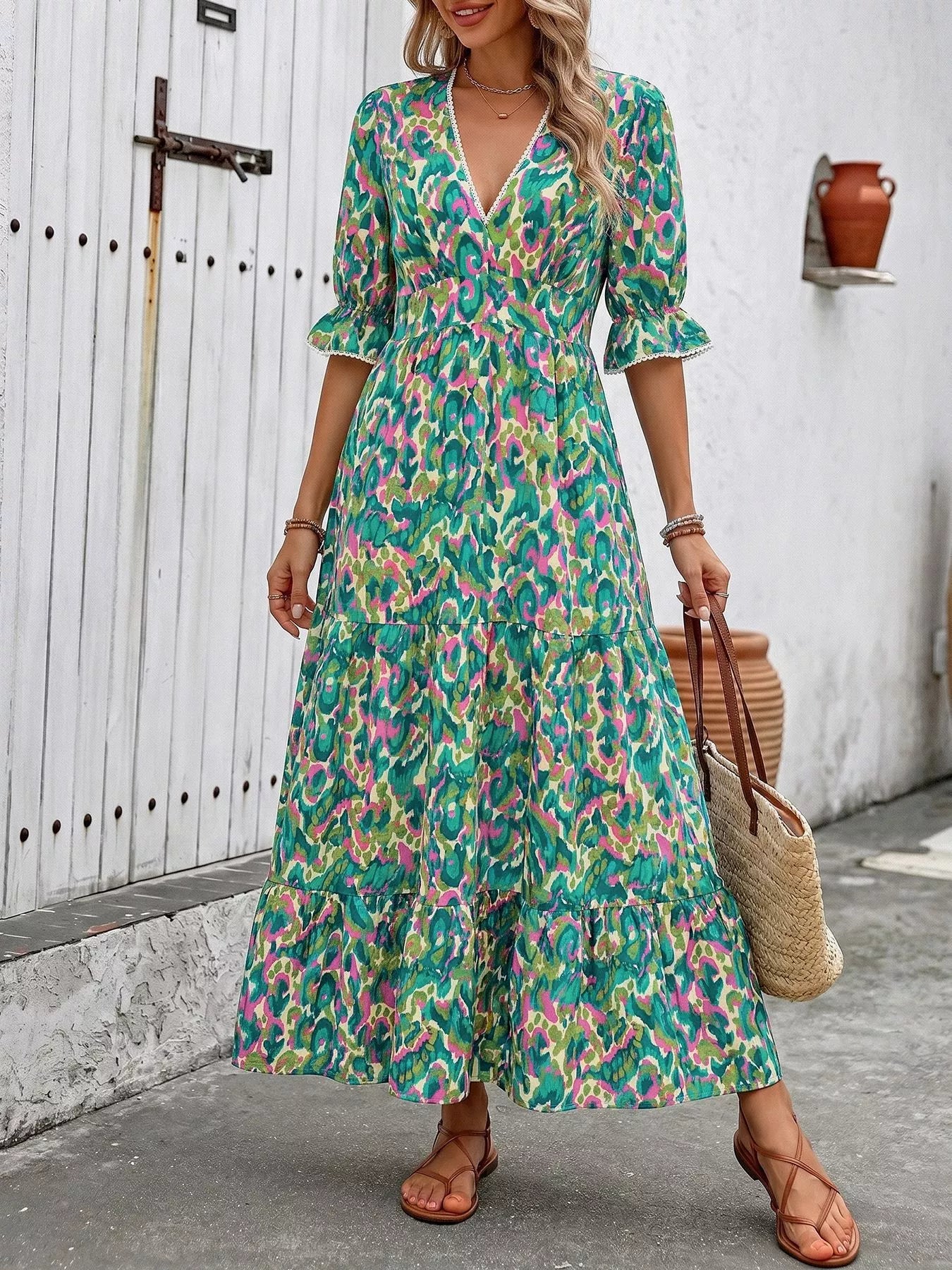 Hazel Blues® |  Printed V-Neck Flounce Sleeve Dress